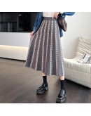 Fall Winter Knitted Midi Skirt Women  Elegant Striped Houndstooth A Line High Waist Long Skirts Female Gray Black