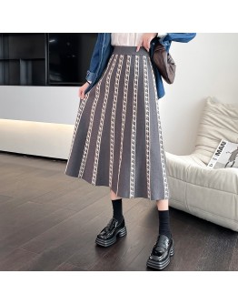 Fall Winter Knitted Midi Skirt Women  Elegant Striped Houndstooth A Line High Waist Long Skirts Female Gray Black