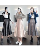 Fall Winter Knitted Midi Skirt Women  Elegant Striped Houndstooth A Line High Waist Long Skirts Female Gray Black