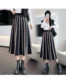 Fall Winter Knitted Midi Skirt Women  Elegant Striped Houndstooth A Line High Waist Long Skirts Female Gray Black