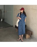  Summer Vintage Long Denim Dress Women Split Korea Elegant Loose Short Sleeve Cowboy Dresses Loose Vestido Chic Streetwear