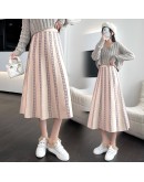 Fall Winter Knitted Midi Skirt Women  Elegant Striped Houndstooth A Line High Waist Long Skirts Female Gray Black