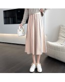 Fall Winter Knitted Midi Skirt Women  Elegant Striped Houndstooth A Line High Waist Long Skirts Female Gray Black