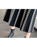 Fall Winter Knitted Midi Skirt Women  Elegant Striped Houndstooth A Line High Waist Long Skirts Female Gray Black