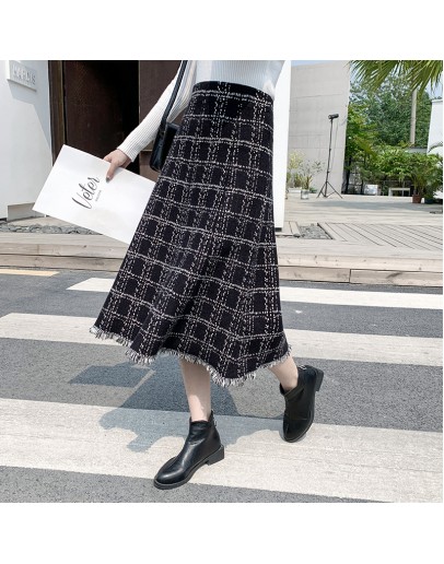  Autumn Winter Knitted Skirt Women Vintage Midi High Waist Tassel Long Knit Skirts Elastic Thick Warm Plaid Faldas Femme