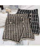 Autumn Winter Tweed Wool Skirt for Women High Waisted Short Mini Plaid Skirts Single Breasted Irregular Booty Jupe Femme