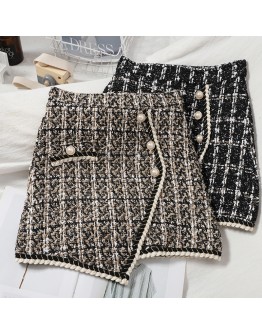 Autumn Winter Tweed Wool Skirt for Women High Waisted Short Mini Plaid Skirts Single Breasted Irregular Booty Jupe Femme