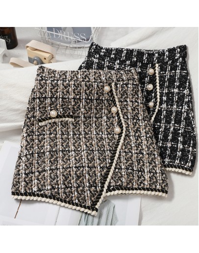 Autumn Winter Tweed Wool Skirt for Women High Waisted Short Mini Plaid Skirts Single Breasted Irregular Booty Jupe Femme