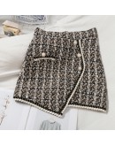 Autumn Winter Tweed Wool Skirt for Women High Waisted Short Mini Plaid Skirts Single Breasted Irregular Booty Jupe Femme