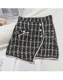 Autumn Winter Tweed Wool Skirt for Women High Waisted Short Mini Plaid Skirts Single Breasted Irregular Booty Jupe Femme