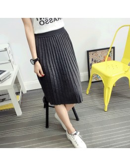 Autumn Winter Elastic Knitted Pleated Skirt for Women  High Waisted Midi Skirts Black Gray Knitting Faldas Mujer Moda