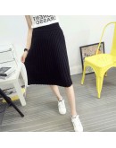 Autumn Winter Elastic Knitted Pleated Skirt for Women  High Waisted Midi Skirts Black Gray Knitting Faldas Mujer Moda