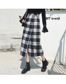 Autumn Winter Women's Woolen Skirts High Waisted Irregular Side Slit Midi Plaid Skirt Checked Harajuku Medieval Straight Jupe