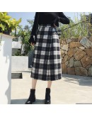 Autumn Winter Women's Woolen Skirts High Waisted Irregular Side Slit Midi Plaid Skirt Checked Harajuku Medieval Straight Jupe