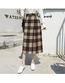 Autumn Winter Women's Woolen Skirts High Waisted Irregular Side Slit Midi Plaid Skirt Checked Harajuku Medieval Straight Jupe