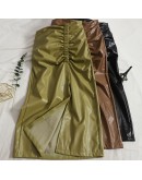 Fall Leather Skirt for Women Elastic High Waisted Side Slit Folds Midi PU Skirts  Streetwear Slim Falds Mujer Spring