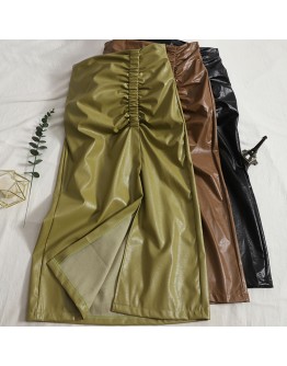 Fall Leather Skirt for Women Elastic High Waisted Side Slit Folds Midi PU Skirts  Streetwear Slim Falds Mujer Spring