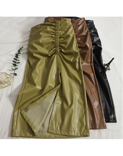 Fall Leather Skirt for Women Elastic High Waisted Side Slit Folds Midi PU Skirts  Streetwear Slim Falds Mujer Spring