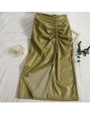 Fall Leather Skirt for Women Elastic High Waisted Side Slit Folds Midi PU Skirts  Streetwear Slim Falds Mujer Spring