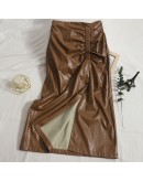 Fall Leather Skirt for Women Elastic High Waisted Side Slit Folds Midi PU Skirts  Streetwear Slim Falds Mujer Spring