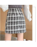 Autumn Winter Tweed Woolen Skirt Women High Waist Button Short Mini Plaid Skirts with Pockets  Skater Faldas Mujer