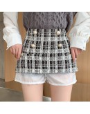 Autumn Winter Tweed Woolen Skirt Women High Waist Button Short Mini Plaid Skirts with Pockets  Skater Faldas Mujer