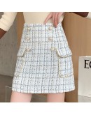 Autumn Winter Tweed Woolen Skirt Women High Waist Button Short Mini Plaid Skirts with Pockets  Skater Faldas Mujer