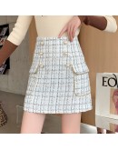 Autumn Winter Tweed Woolen Skirt Women High Waist Button Short Mini Plaid Skirts with Pockets  Skater Faldas Mujer