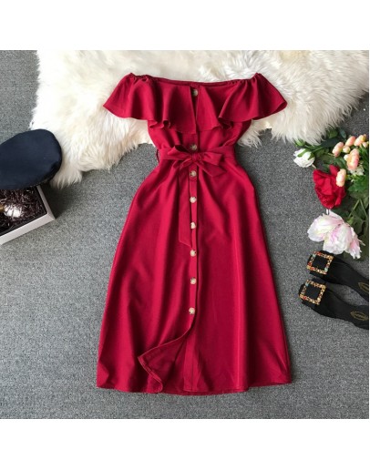 Summer Bandage Dresses Women Casual Off Shoulder Sexy Beach Dress Female Slash Neck Single Breasted Long Robe Femme