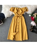 Summer Bandage Dresses Women Casual Off Shoulder Sexy Beach Dress Female Slash Neck Single Breasted Long Robe Femme