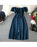 Summer Bandage Dresses Women Casual Off Shoulder Sexy Beach Dress Female Slash Neck Single Breasted Long Robe Femme