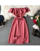 Summer Bandage Dresses Women Casual Off Shoulder Sexy Beach Dress Female Slash Neck Single Breasted Long Robe Femme