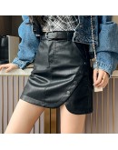 Irregular Leather Skirt Women Fall Winter High Waist Slim Short Mini PU Skirts Belt Button Slit Punk Biker Streetwear Faldas