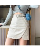 Irregular Leather Skirt Women Fall Winter High Waist Slim Short Mini PU Skirts Belt Button Slit Punk Biker Streetwear Faldas