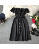 Summer Bandage Dresses Women Casual Off Shoulder Sexy Beach Dress Female Slash Neck Single Breasted Long Robe Femme