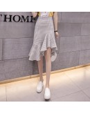 Summer Plaid Skirts Women Elegant High Waist Ruffles Fishtail Skirt Irregular Mid Mermaid Skirt Female Hip Package jupe