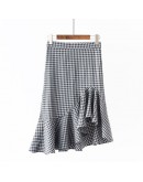 Summer Plaid Skirts Women Elegant High Waist Ruffles Fishtail Skirt Irregular Mid Mermaid Skirt Female Hip Package jupe