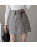  Fall Winter Herringbone Woolen Skirt Women High Waisted Short Mini Skirt with Belt Harajuku Booty Faldas Mujer High 