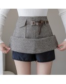  Fall Winter Herringbone Woolen Skirt Women High Waisted Short Mini Skirt with Belt Harajuku Booty Faldas Mujer High 