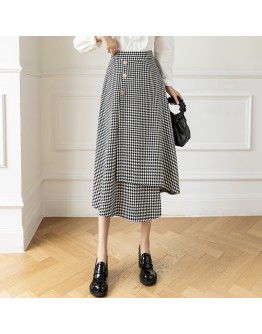 High  Women's Houndstooth Skirt Vintage Fall Winter Irregular Mid Length Skirts Harajuku Faldas Largas Mujer High Waisted