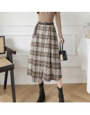 Winter Woolen Long Skirt Elegant Sashes High Waist Woman Skirts  Vintage Irregular A-line Plaid Skirt Faldas De Muje