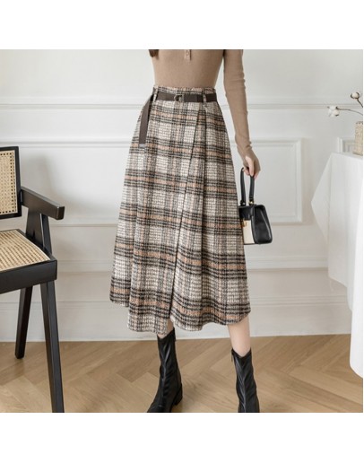 Winter Woolen Long Skirt Elegant Sashes High Waist Woman Skirts  Vintage Irregular A-line Plaid Skirt Faldas De Muje