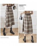 Winter Woolen Long Skirt Elegant Sashes High Waist Woman Skirts  Vintage Irregular A-line Plaid Skirt Faldas De Muje