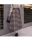 Winter Woolen Long Skirt Elegant Sashes High Waist Woman Skirts  Vintage Irregular A-line Plaid Skirt Faldas De Muje