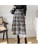 Winter Woolen Long Skirt Elegant Sashes High Waist Woman Skirts  Vintage Irregular A-line Plaid Skirt Faldas De Muje