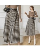 Winter Woolen Long Skirt Elegant Sashes High Waist Woman Skirts  Vintage Irregular A-line Plaid Skirt Faldas De Muje