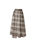 Winter Woolen Long Skirt Elegant Sashes High Waist Woman Skirts  Vintage Irregular A-line Plaid Skirt Faldas De Muje