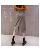 Fall Women Plaid Skirts  Winter Warm Wool High Waist A-line Skirt Checked Office Ladies Long Skirts  Back Split faldas