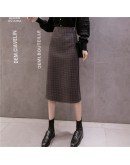 Fall Women Plaid Skirts  Winter Warm Wool High Waist A-line Skirt Checked Office Ladies Long Skirts  Back Split faldas