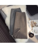 Fall Women Plaid Skirts  Winter Warm Wool High Waist A-line Skirt Checked Office Ladies Long Skirts  Back Split faldas